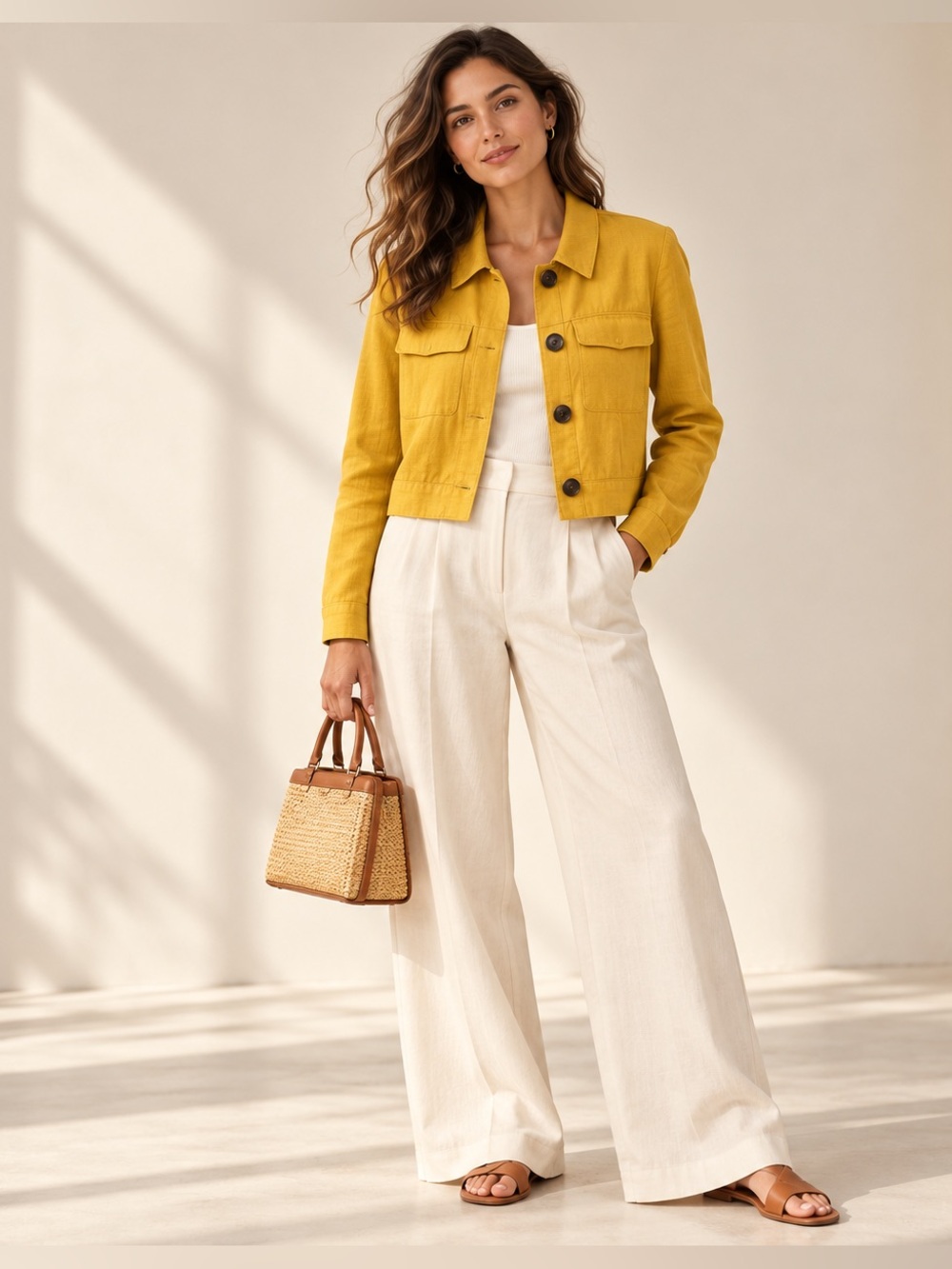 Mustard Linen Blend Cropped Jacket Size M